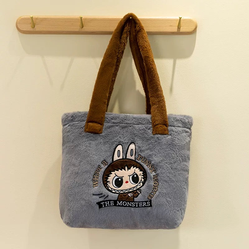 Labubu Bag – Plush Faux Fur Tote with Embroidered Monster